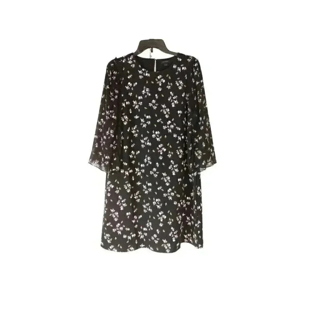Ann Taylor Womens A-Line Dress Black Floral Button Loop Long Sleeve Size 8